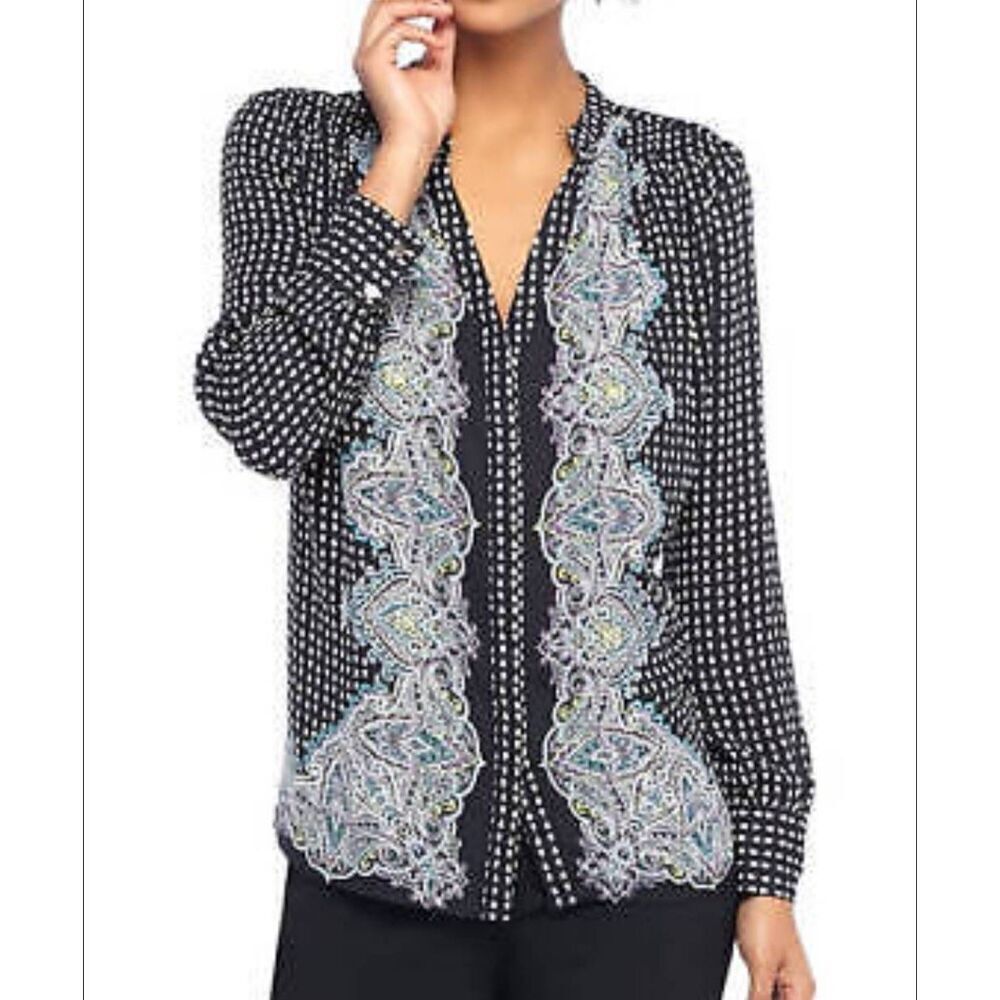 THE LIMITED Paisley Navy Pleated Yoke Button-Down Blouse Top Sz L New
